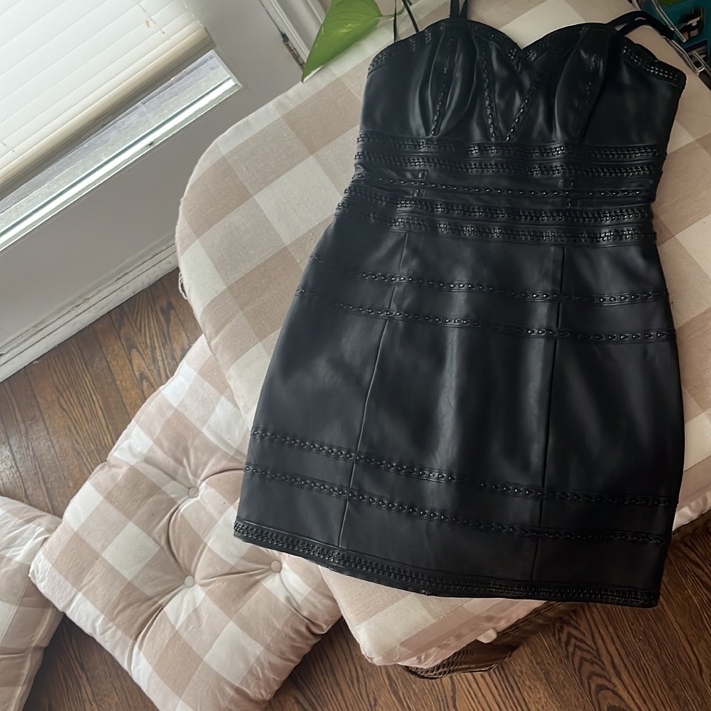 Guess Black Strapless Vegan Leather Dress